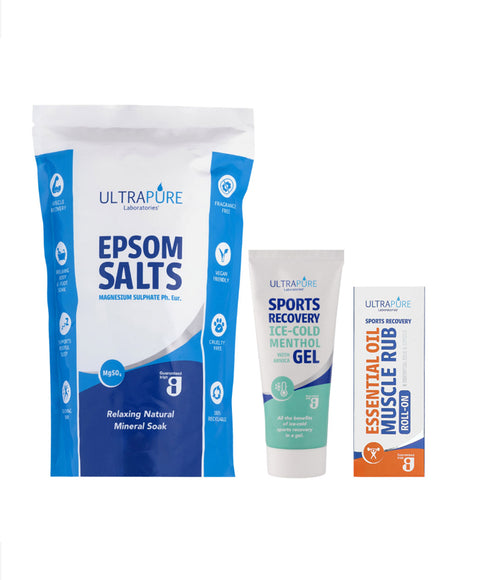 Sports recovery trio: Epsom salts, ice-cold menthol gel and essential oil muscle rub